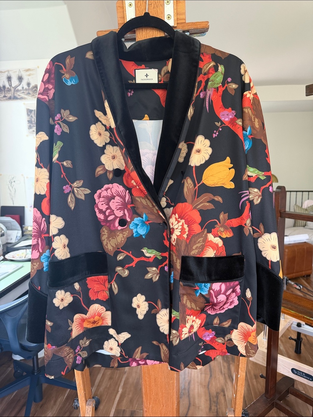 Tuckernuck Black Floral Velvet-Trim Blazer